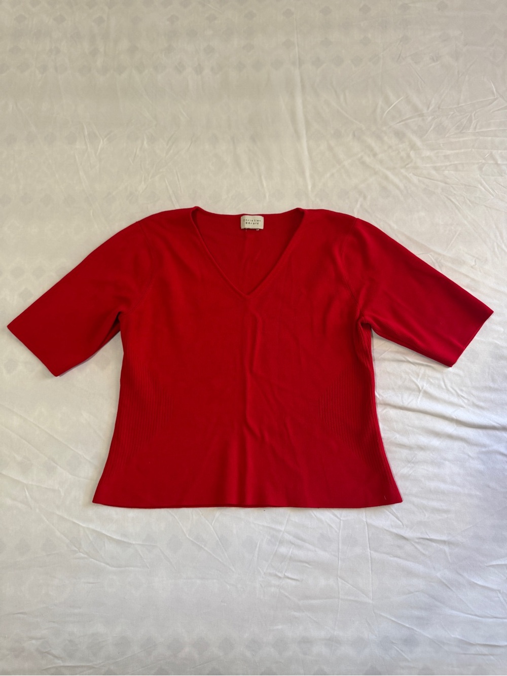 Women's Red V-Neck Short Sleeve Knit Top - Picture 7 of 12